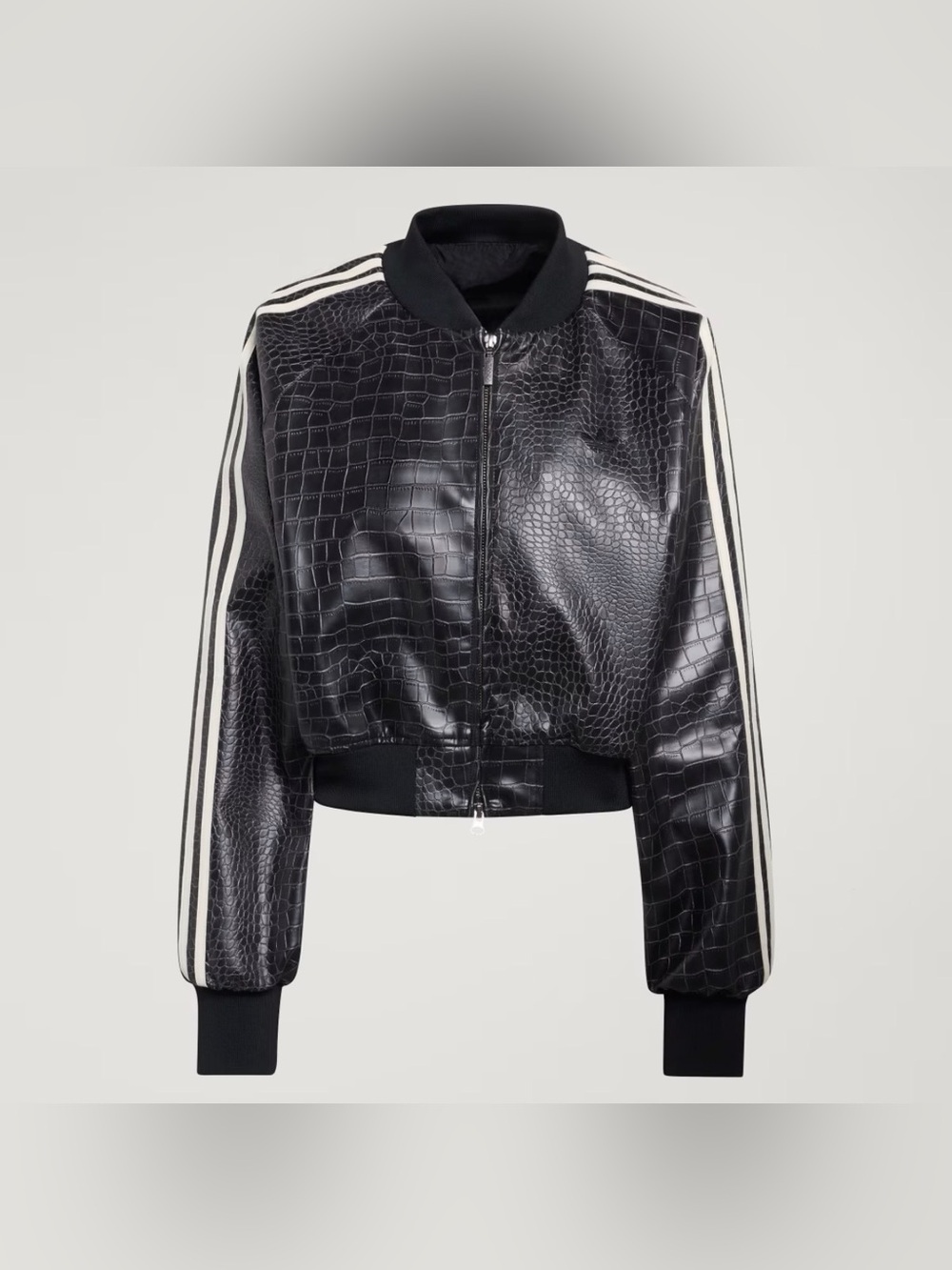 adidas SST PLEATHER JACKET Black Croc-Embossed Bomber Jacket with White Stripes